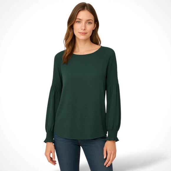 a.n.a. Emerald Green Blouse with Ruched Sleeves - Picture 1 of 10